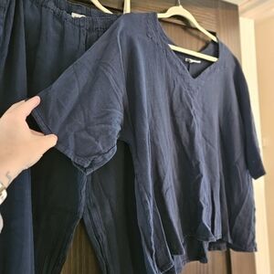 Navy Blue Women's Cotton Top And Pants Set